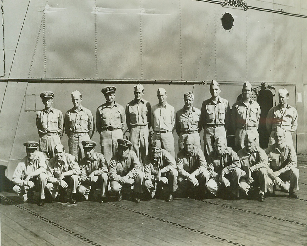 Missing Pilots Honored, 11/10/1942. Nine members of the U.S. Navy Torpedo Squadron shown here and who are now listed as missing, have been awarded the Navy Cross by the Secretary of the Navy for their extraordinary heroism in the action against Japanese forces in the Battle of Midway, according to announcement in Washington. Nov. 10th photo was taken in May, 1942. The nine honored in this group are: (standing) Ensign Randolph Mitchell Holder, (far left); USNR, from Jackson, Miss; Ensign Wiley Brock, (second from left), USN, of Montgomery, Ala; Lt. Paul James Riley (fourth from left), USN, Hot Springs, Ark; Lt. Comdr. Eugene Elbert Lindsey, (fifth from left), USN, Coronado, Calif; Lt. Arthur Vincent Ely (sixth from left), USN, Pittsburgh, PA; and Ensign Louis Rombach, (seventh from left). Front row: Lt. (Jg) Lloyd Thomas Eversole, (seventh from left), USN, Pocatello, Idaho.  Credit: U.S. Navy photo from ACME.;