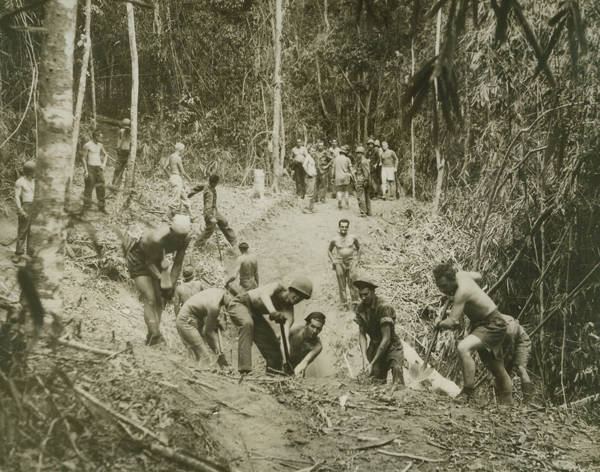 BUILDING A JEEP ROAD IN NEW GUINEA, 12/15/1942. NEW GUINEA—American and Australian soldiers tackle a hill in New Guinea jungle constructing a jeep road, which will allow the Allies to bring supplies up as they move against the Japs in the Buna-Gona area. According to reports today, both Buna and Gona villages are in Allied hands with heavy action continuing at Buna Mission and the Japs attempting new landings in force in the Cape Ward section. This photo was released in Washington today.Credit: ACME;