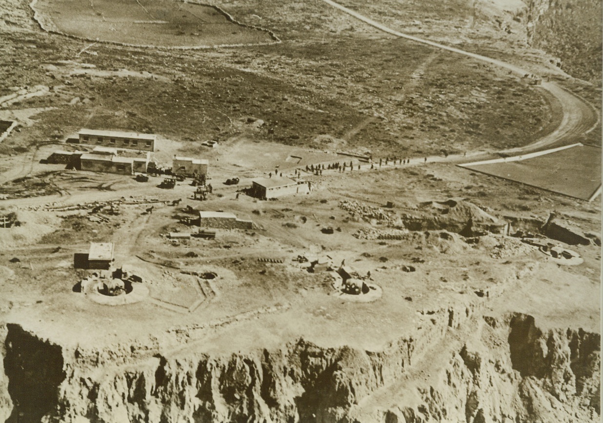 Gun Emplacements at Safi, 12/11/1942. This aerial view of a base on the outposts of Safi, French Morocco, shows coastal rows and steep cliffs, (foreground). Photo, taken during the occupation of North Africa by Anglo-American forces, was released in New York today. (Passed by censors).Credit: ACME.;