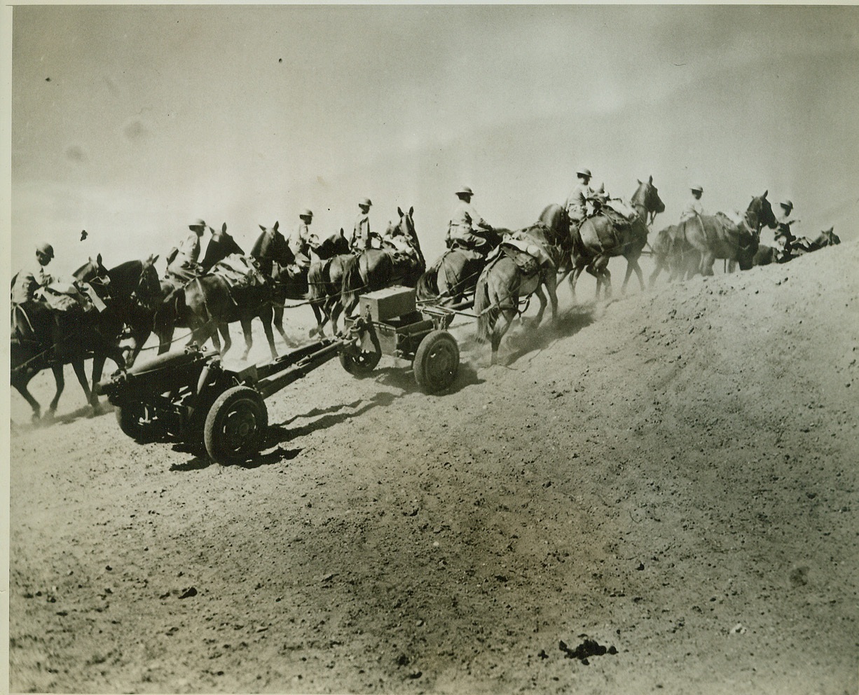 Training Our Cavalry, 3/27/1942. FT. BLISS, TEXAS – U.S. Cavalrymen participate in maneuvers over rough terrain near their reservation. Despite mechanization, horses still are of value to the Army. Note that the caisson and the howitzer (75mm. field) that it pulls are equipped with modern pneumatic tired instead of the old-fashioned iron-rimmed wooden wheels long outmoded. Credit (U.S. Army Signal Corps Photo from ACME);