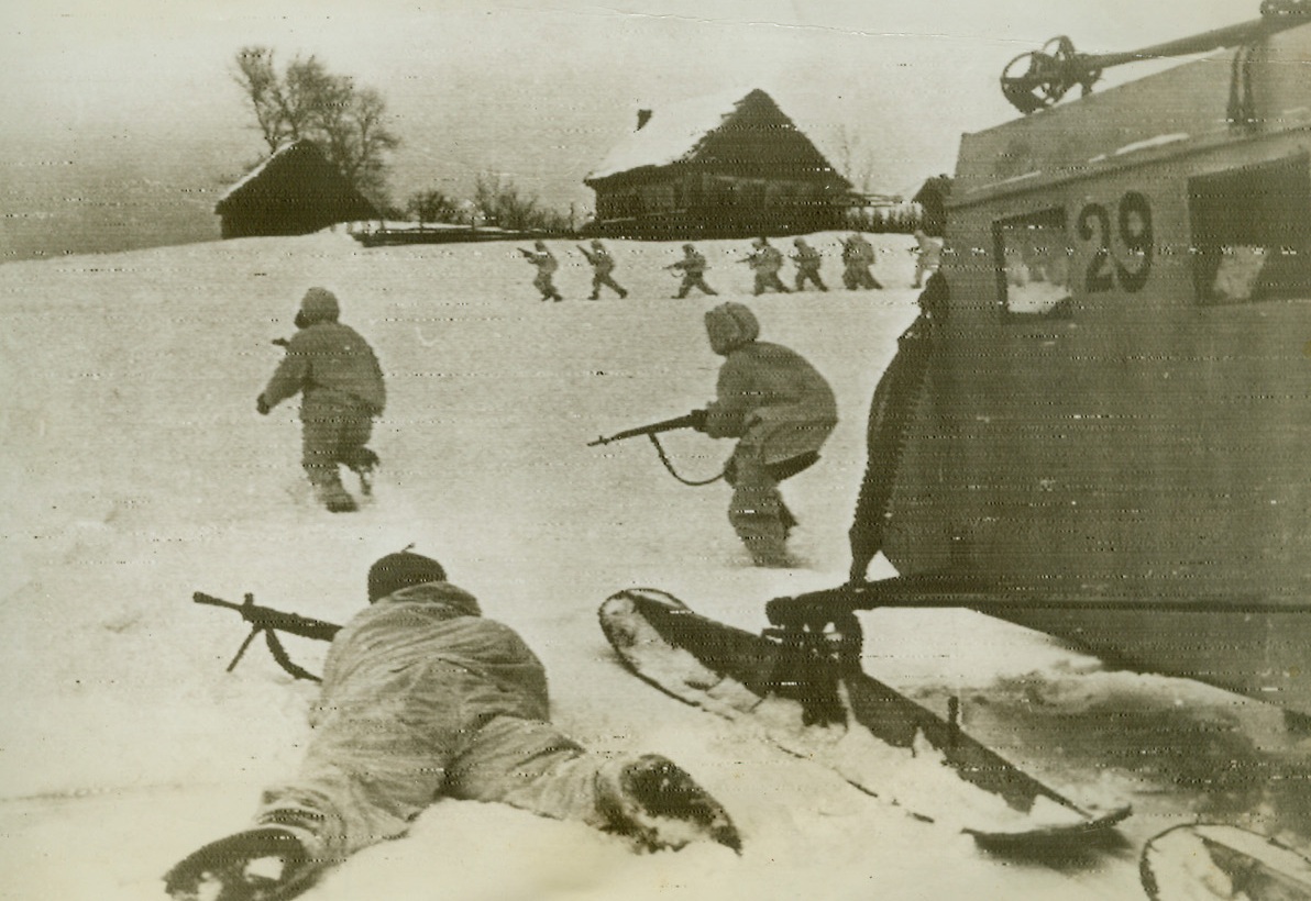 Air Sledges Aid Red Advance, 3/23/1942. RUSSIA—Operating out of a propeller-powered sledge, Russian soldiers advance at a point in the rear of German lines, according to the Russian-censored caption on this photo from Moscow.Credit: ACME Radiophoto;