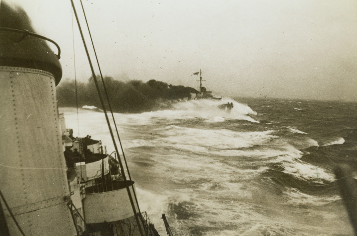 SMOKE SCREEN, 4/8/1942. A British destroyer lays down a heavy smoke screen to cover a Mediterranean convoy and in the same maneuver follows through to make a torpedo attack on the Italian warship Littorio during a Mediterranean engagement near Alta which occurred on March 22nd when a heavy Italian sea force attacked a British warship-escorted convoy.Credit: Acme;