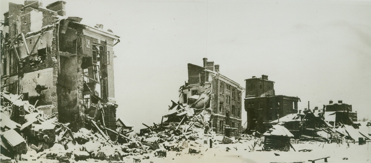 SYMBOLIC OF NAZIS’ NEW ORDER, 5/18/1942. RUSSIA—This picture, just received, shows buildings destroyed by the retreating Germans in Naro-Fominsk. The village was recaptured by the Red Army which has the goose-stepping Nazis on the run.Credit: Acme;