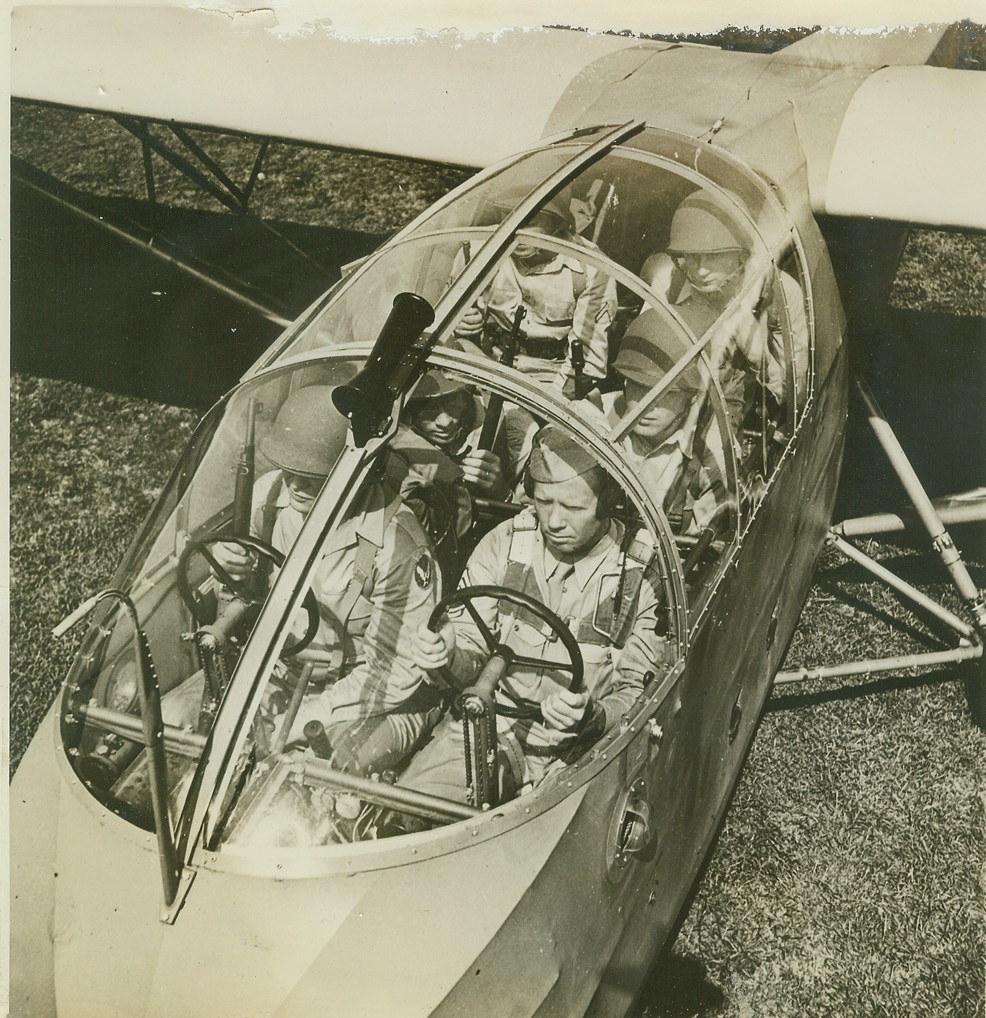 New Army Air Forces Training Glider, 8/27/1942. New Army Air Forces Training Glider This new 9-Place CG-3A Glider is being used to train pilots and crews for the larger 15-place gliders, by the U.S. Army Air Forces. The large craft, the CG-4A, will soon be our first line of offense in invasion of Axis-held territory, and are now in quantity production. Credit: ACME;