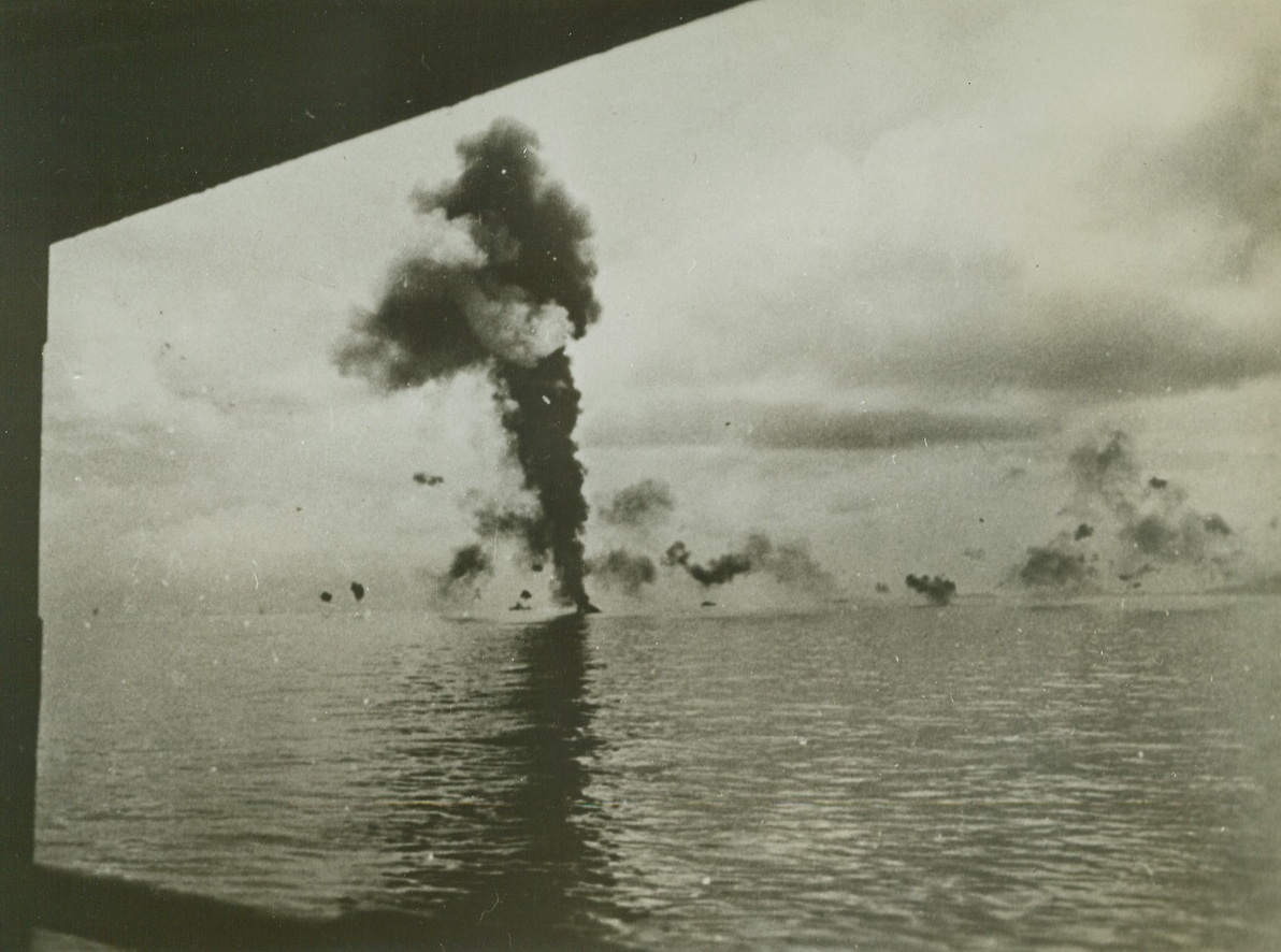 A Jap Bomber Goes Up in Smoke, 9/29/1942. Solomon Islands – A smudge of black smoke staining the sky between Guadalcanal and Tulagi is all that remains of a Jap bomber which attacked the American defenders of the Solomons.  In background can be seen smoke from U.S. anti-aircraft bursts. Credit line (ACME);