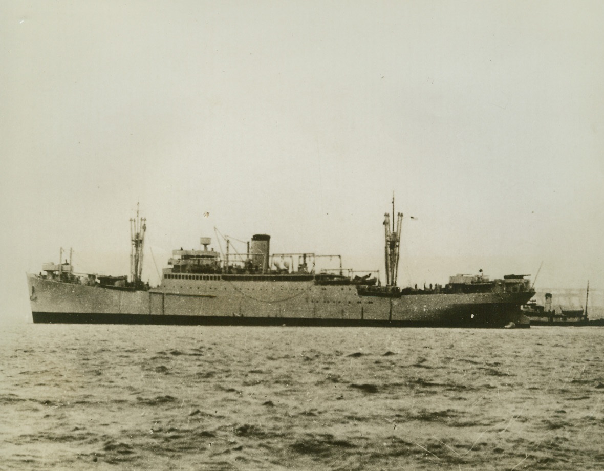 Sunk Off Solomon Islands, 9/30/1942. Washington, D.C.—The U.S. Navy transport George Fox Elliott, formerly the 8,378-ton liner city of Los Angeles, which has been lost in the Solomon Islands operations, according to an announcement by the Navy department in Washington, Sept. 30. It was also announced that the auxiliary transport Gregory, a converted 1,060-ton flush-desk destroyer, was lost in the same operations. Credit: U.S. Navy photo from ACME.;