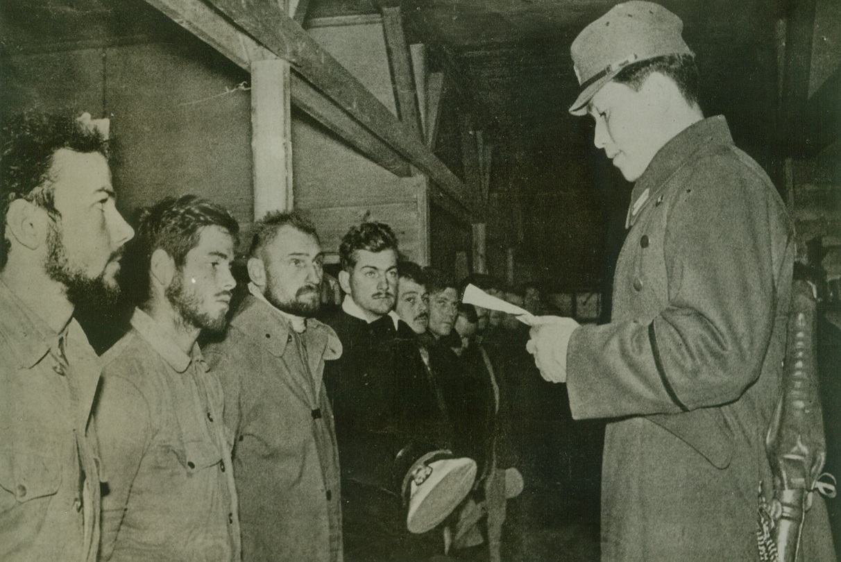 JAPANESE PROPAGANDA, 9/10/1942. Here is one of the pictures published in the Japanese propaganda magazine “Freedom,” published in Shanghai, the text of which was in English. Their version of the above photo follows: “Shortly after the historic fall of the British stronghold, Singapore, Lieut. Matsuda of the Japanese Military Press Bureau in Shanghai paid the internment camp a visit. The main object of his call was to tell officers and men of the camp of the smashing British defeat at Singapore. Bewildermen showed plainly on Anglo-American faces when Lieut. Matsuda read dispatches heralding further Nipponese successes in the South. The propaganda that their egoistic leaders had showered on them proved false.”Credit: Acme;