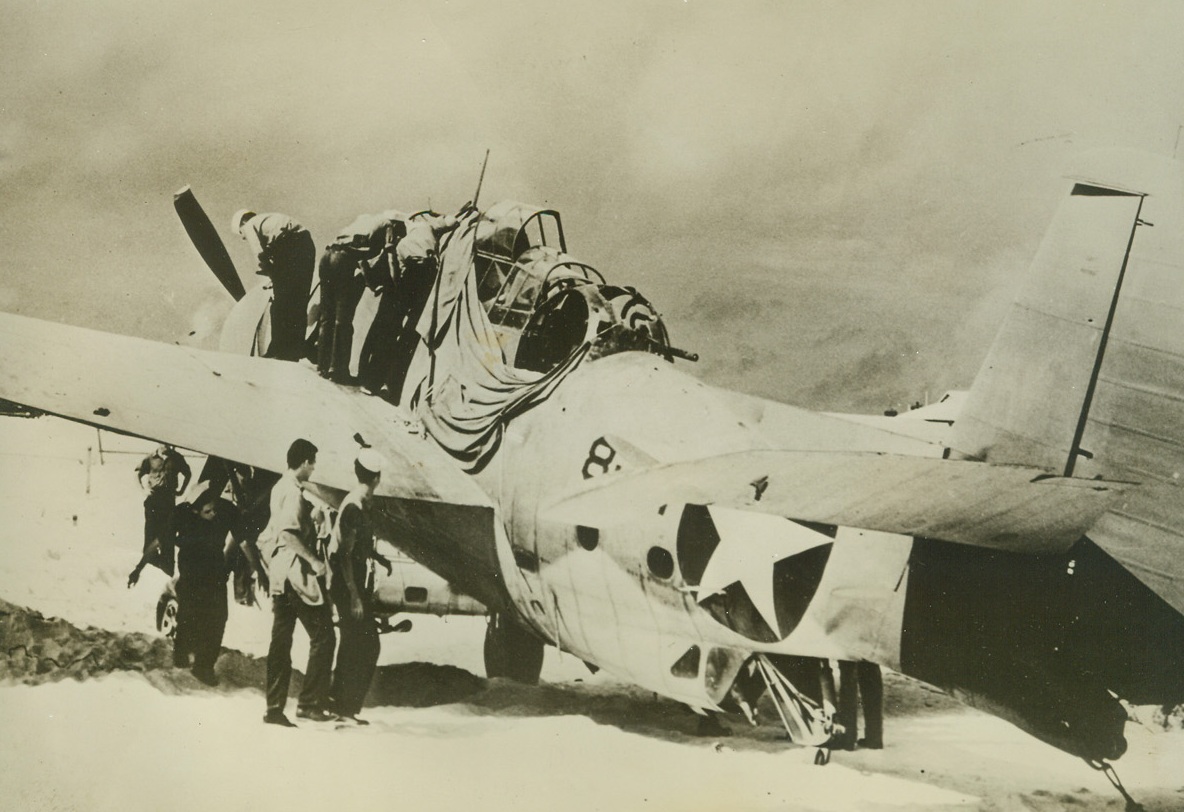 “Avengers” Can Take It, 9/18/1942. Midway Island – During the battle of Midway, Grumman torpedo bombers, known as “Avengers”, fought until disabled, but returned home.  This one, although badly shot up, was ablet to get back to Midway under its own power.  No orange crates, these “Avengers” are structurally sound and have great stamina.Credit Line (ACME);