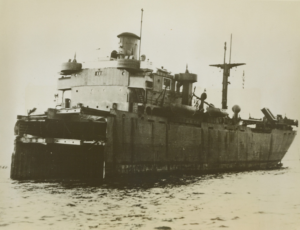 Unbowed, 11/10/1944. This is how the SS Valeri Chkalov appeared after the Liberty Ship was snapped in two by a violent Arctic storm. Only the after end and miships can be seen. The bow, miles away when this photo was taken, also was towed to a Canadian port where the parts were put together again. The vessel has since been restored to war service as the Alexander Baranoff, operated for the War Shipping Administration by the American Mail Line, Inc., Seattle, Wash.Credit: ACME.;