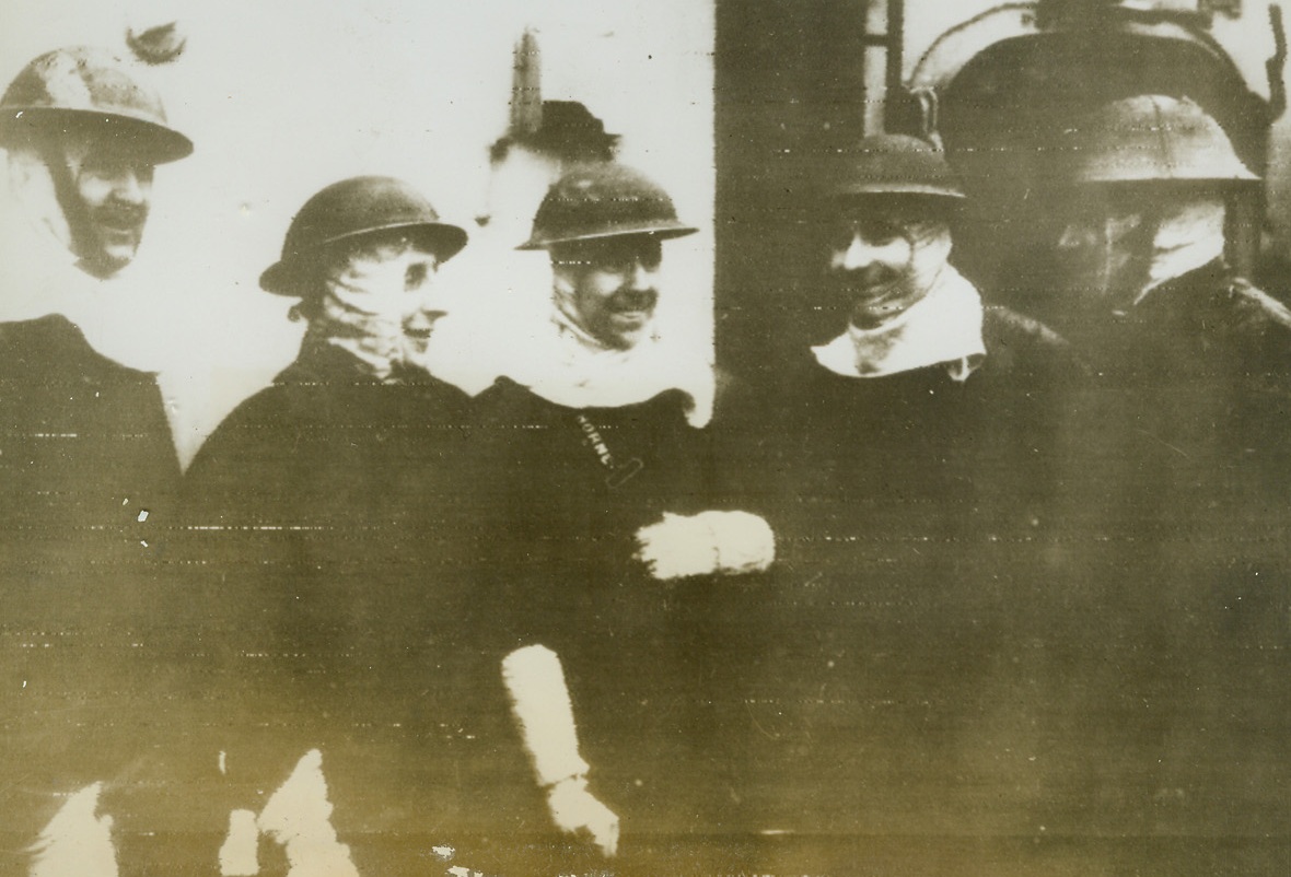 They Sent the Death Blow, 1/3/1944. These five smiling torpedo men are members of the crew of the H.M.S. Jamaica, British Vessel that sent the final torpedo into the stricken Nazi battleship Scharnhorst, during the sea battle off the northern coast of Norway last week. Photo radioed to New York from London January 3, 1944. Credit: ACME RADIOPHOTO.;