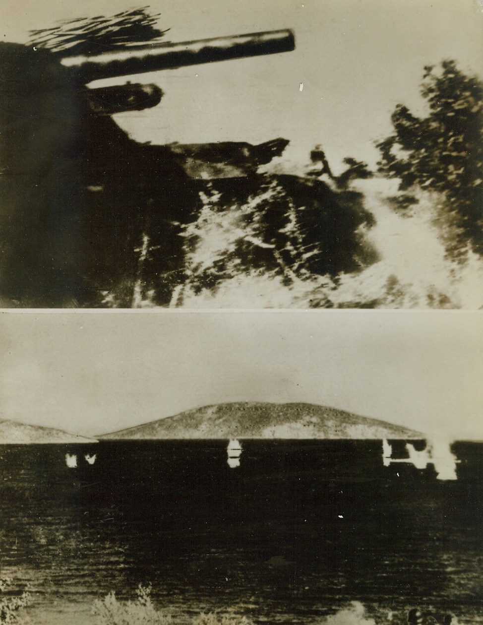 HITLER'S HUMMEL-HUMMEL GUN, 1/7/1944. IN THE SOUTH-EASTERN BALKANS—From a neutral source comes this pair of photos, showing the Nazis’ new Hummel-Hummel gun, just installed on the coast of the Southeastern Balkans, and (below) the gun’s shells are fired at water level. The shells then ricochet across the surface, bounding toward enemy landing craft.;