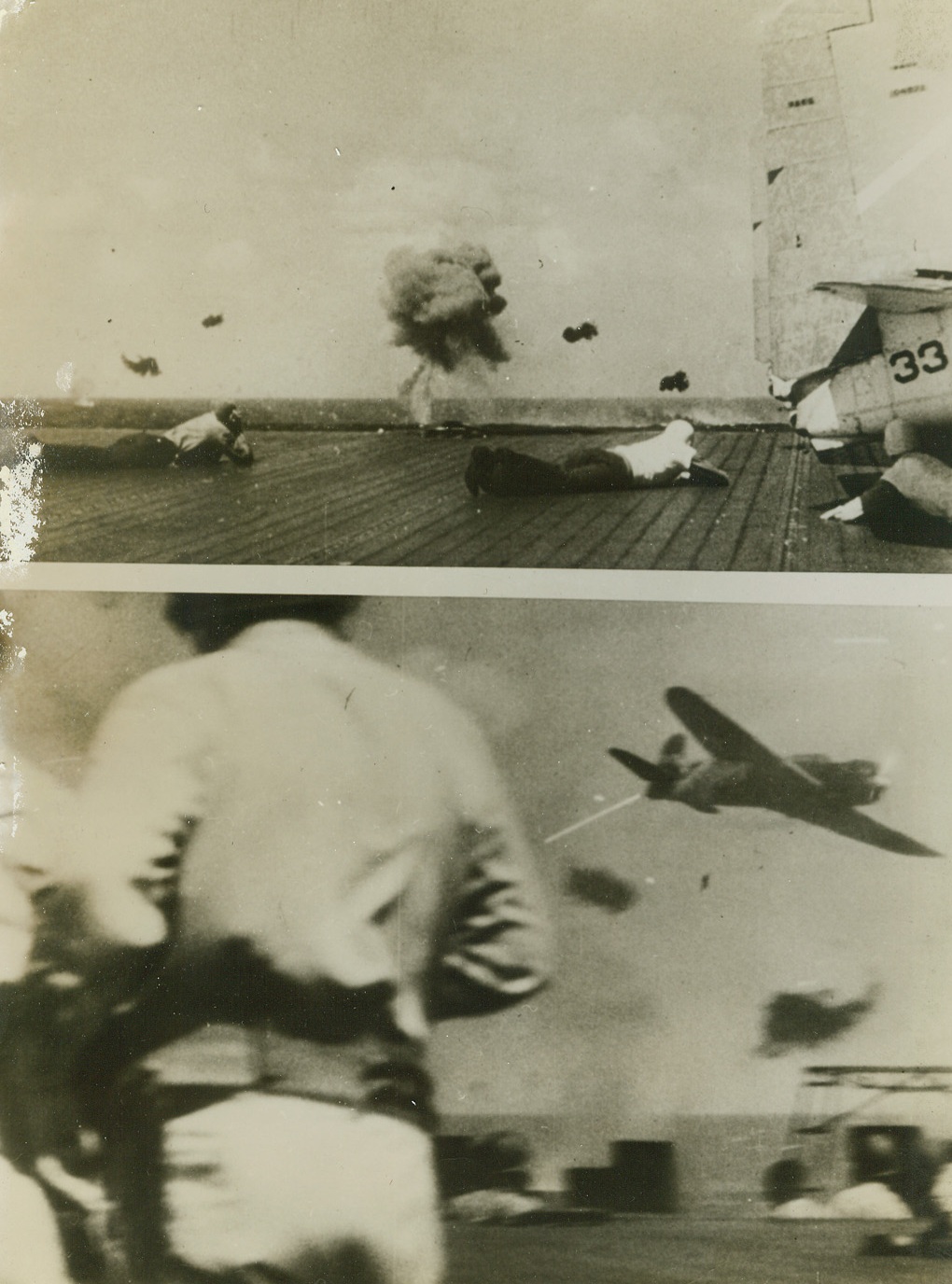 No Title. 1/4/1944. Roaring overhead on their deadly mission, six bloodthirsty Jap Torpedo planes were attacking a U.S. carrier during the December raid on the Marshall Islands when this sensational series was made.  Enlargements from a movie film made by U.S. Navy cameramen, this sequence tells what happened when one of the six attackers made her pass at the American flattop.New York BureauScoring at last, the carrier’s ack-ack crew finds a vulnerable spot, hitting the enemy attacker on the wing, the crew sees a sheet of flame stream from the plane.  In bottom photo, the Torpedo bomber yaws and its wing drops off.Credit Line (Official U.S. Navy photo from ACME);