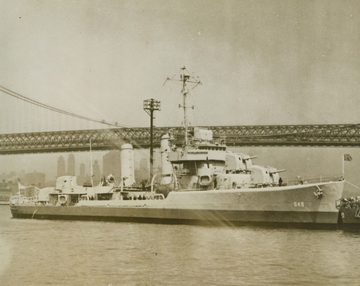 Navy Identifies Sunken Destroyer, 1/4/1944. Washington, D.C.—The Destroyer which exploded and sank at the entrance to New York Harbor yesterday (January 3rd), with an undetermined number of casualties, was identified by the Navy department tonight as the new, 1700-ton U.S.S. Turner. Commissioned only last April 15th, she was the second destroyer of that name, each having been named for a hero of the 1813 battle of Lake Erie. It is feared that at least 50 lives were lost in the ship’s mysterious explosion. Credit: illegible.;