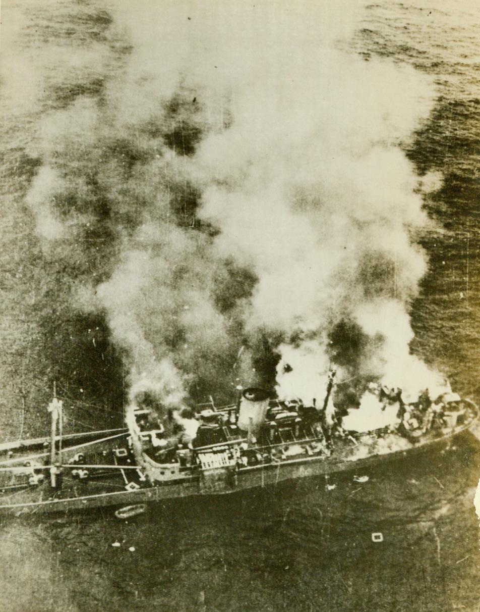 The beginning of a Nazi nightmare, 1/11/1944. AT SEA – Not only did the Allies bomb this German blockade runner, but when the Nazis sent out a flotilla of 11 destroyers to escort the vitally needed cargo to safety, a pair of British cruisers blasted three of them to the bottom of the Bay of Biscay, damaged others, and scared all of them away. A Czech-flown, American-built British Coastal Command RAF Liberator bomber laid the eggs on the enemy cargo ship. CREDIT LINE (ACME) 1/11/44;