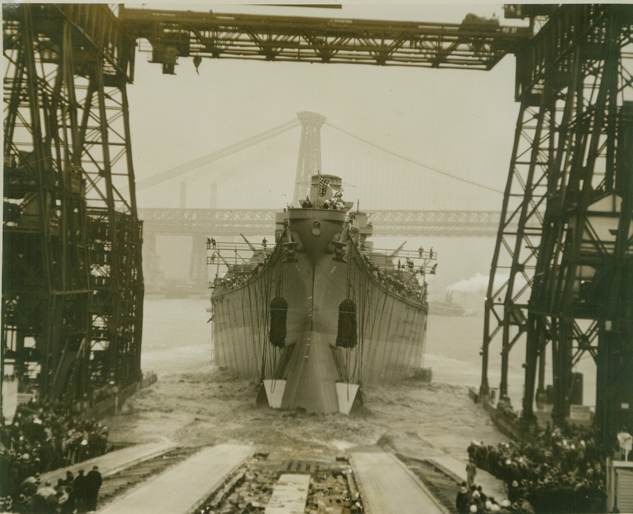 Launch U.S.S. Missouri, 1/29/1944. New York—The U.S.S. Missouri, our Navy’s newest 45,000 ton battleship, is shown as she hit the water after launching ceremonies today (January 29th) at the New York Navy Yard in Brooklyn. Credit: ACME.;