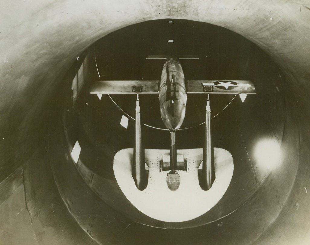 Yank Version of the Robomb, 10/26/1944. Dayton, Ohio—This is the American version of the Robomb, shown rigged to the ceiling of a 20-foot wind tunnel for testing at Wright Field, Dayton, Ohio, where it is being developed. Credit: ACME.;