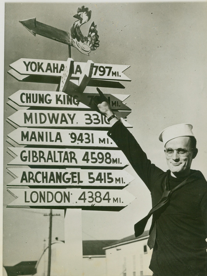 Once a Greeley, You Know the Rest, 10/17/1944. Great Lakes, Ill.—Horace Greeley, IV, 26-year-old father of two sons, Pat and Mike, and descendant of the American statesman, educator, and publisher of the old New York Tribune, turned down a commission in the Air Transport Service Command, to enlist in the U.S. Navy, says Fort Wayne’s Greeley IV of Greeley I: “H.G., as we call him back in Indiana, was a pretty salty old boy.” Credit: ACME.;