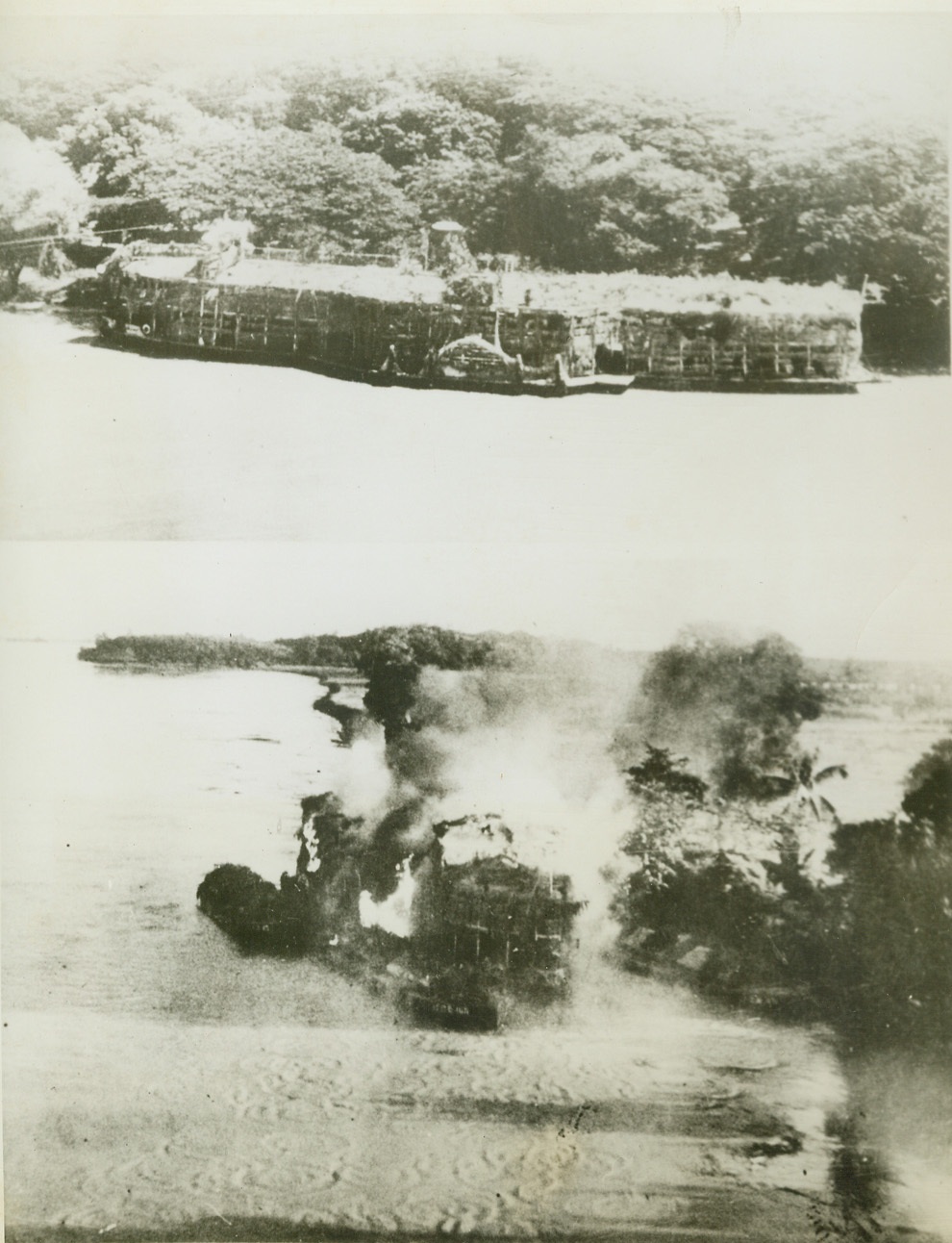 JAPS USE HOUSEBOATS AS BURMA HEADQUARTERS, 2/16/1944. SOMEWHERE IN BURMA – Japanese commanders use well camouflaged houseboats as headquarters on Burma rivers, thus hoping to escape air attack. Top photo shows how houseboat blends into jungle growth as background. Bottom: Proof that the camouflaged headquarters did not fool crew members of the R.A.F. Beaufighter which set the boat afire with cannon shells and bombs. Credit: ACME;