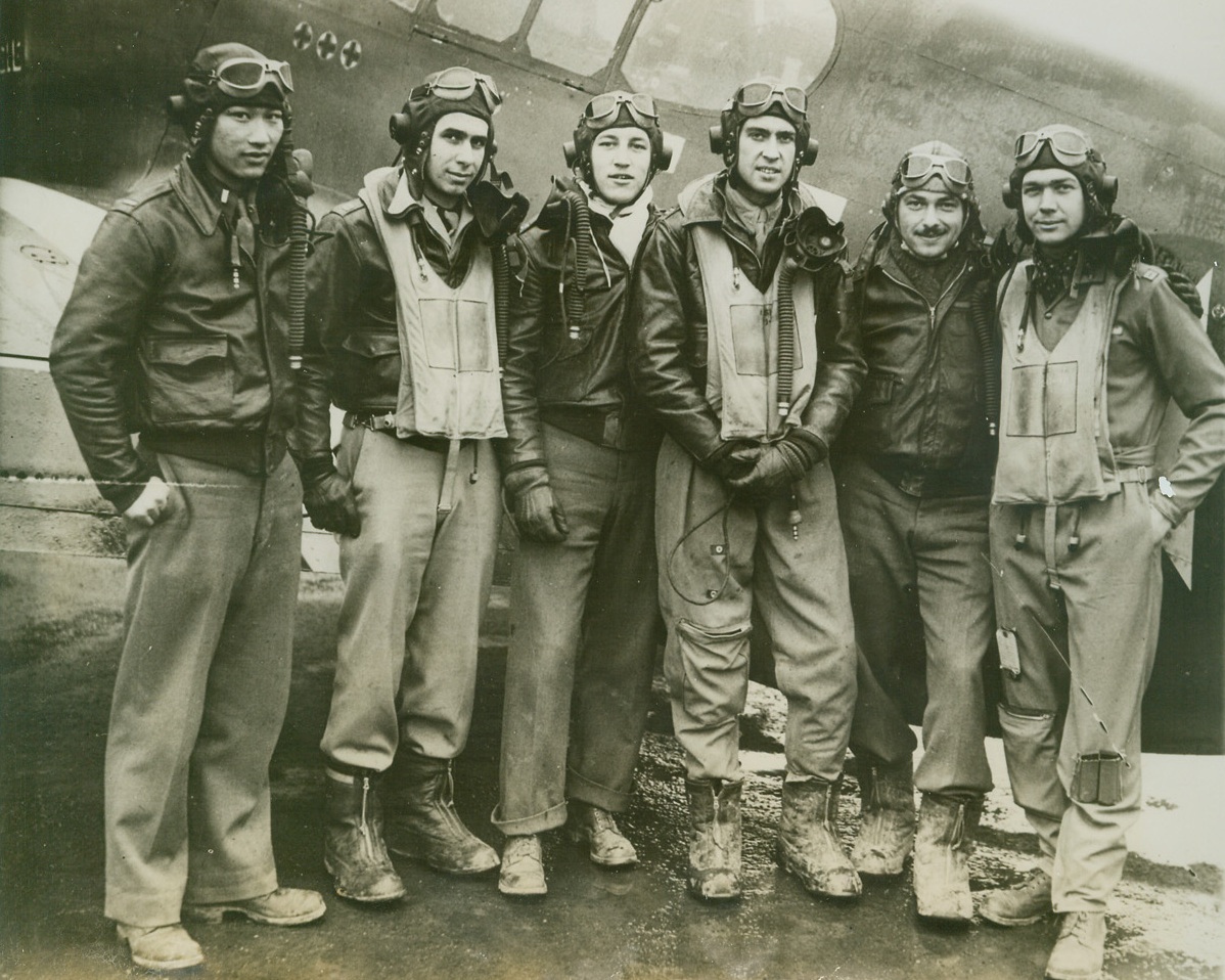 Mustang Pilots, 2/10/1944. SOMEWHERE IN ENGLAND—Mustang Pilots all, these Yank airmen are hitting the Nazis from their British base.  Left to right are:  Lt. Wau Kau Kang of Honolulu; Capt. Wallace s. emmer, St. Lewis, Mo.; Capt. Don M. Beerbower, of Hill City, Minn.; Capt. Jack T. Bradley, Brownwood Tex.; Lt. James J. Parsons, Seattle Wash.; and Capt. James Cannon, Vallejo Calif. Credit:  ACME;