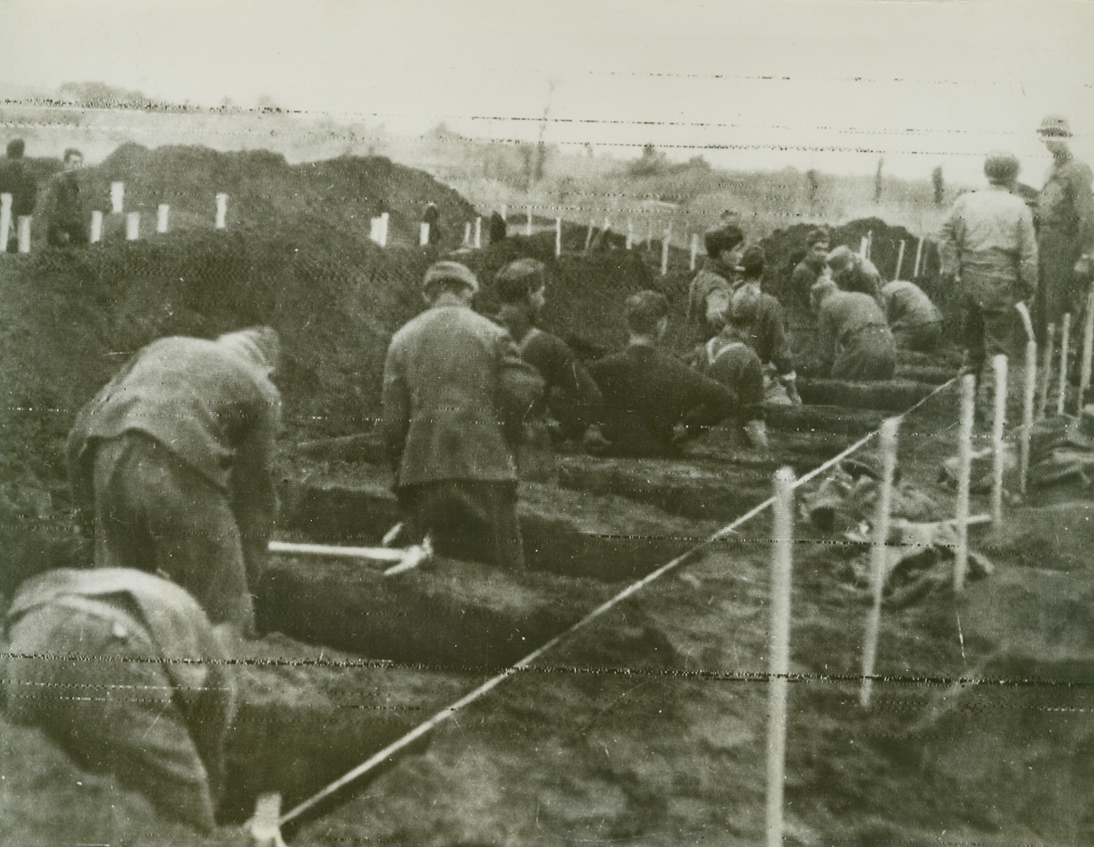 Burying Their Dead, 2/3/1944. Somewhere in Italy—Under the supervision of their Allied captors, German prisoners of war turn up Italian soil, digging graves for their late comrades. The Nazis were taken in the battle for Nettuno. Photo radioed to New York today (February 3rd). Credit: Official OWI radiophoto from ACME.;