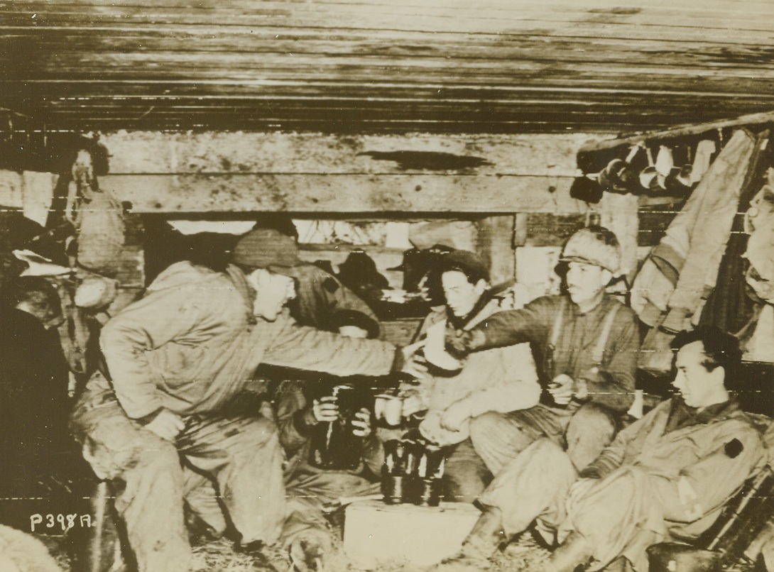 Doctors Live Ground Hog Lives in Italy, 2/12/1944. ITALY -- Point-blank gunfire finally dislodged the Germans from this underground dugout now occupied by American Army doctors in the Cassino sector. Well underground, the shelter is protected by layers of concrete, reinforced with steel girders. Credit (ACME Photo via U.S. Army Signal Corps Radiotelephoto);