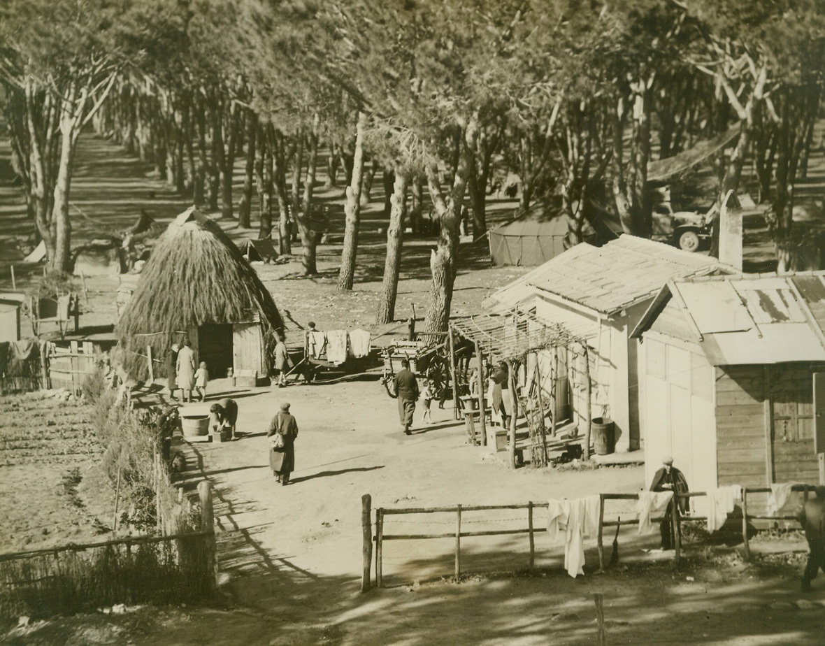 10,000 Homeless on a Single Farm, 2/24/1944. ITALY – The 14,000-acre farm of Prince Stephano Borghese is proving a welcome, if highly uncomfortable haven for approximately 10,000 Italian civilians who where ordered from Anzio and Nettuno by Hitler, last November 1. Planning to use the beautiful seaside towns as rest centers for German troops, Hitler drove out the natives who were allowed only the possessions they could carry. Prince Borghese, head of an old and wealth Italian family, opened his nearby farm to the refugees who now live, for the most part, in straw huts of their own making. The Allies have already made violent alterations in Hitler’s plans for an Anzio-Nettuno rest center, and as soon as possible the civilians will return to their homes. In the meantime, Acme War Pool Photographer Bert Brandt shows you how they live. New York BureauMore closely resembling the South Pacific than “civilized” Europe is a group of the makeshift community dwellings. Many of the women who scrub the family wash in crude buckets were once mistresses of their own beautiful homes. Credit (Acme Photo by War Pool correspondent, Bert Brandt);