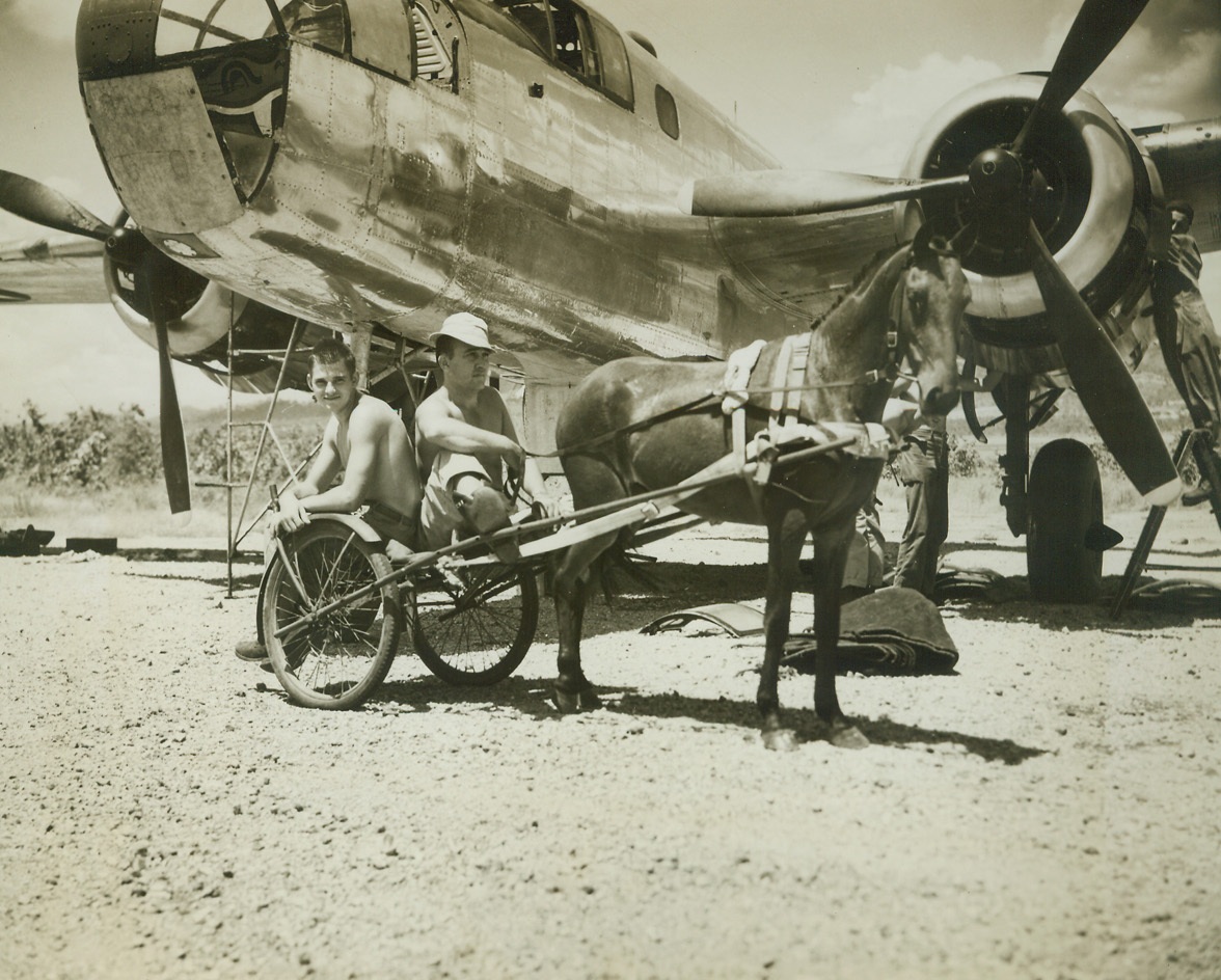 “One-Colt Shay”, 2/17/1944. New Guinea – Here is the modern version of the famous “One Horse Shay” – But it is put together to stay, by mechanics at this advanced U.S. 5th Army Air Force base “somewhere in New Guinea,” and made of bicycle wheels, airstrip matting, and an old parachute harness.  The colt, named “Tarzan”, draws the sulky, giving Sgt. Taylor Tyra (right), of Louisville, KY., the airfield’s cook; and Pfc. Harley Janisch, of Montello, Wisc., a ride.  The boys pass a Mitchell B-25 strafing bomber, on their way to take a swim.Credit Line (ACME photo by Thomas L. Shafer for the War Picture Pool);