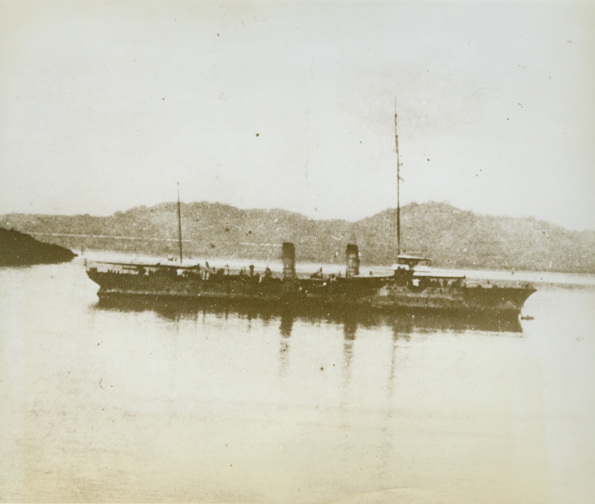 View of Truk, 2/20/1944. The old Japanese cruiser “Yodo” is shown at anchor in one of the numerous harbors at Truk.  This photo was made during the pre-war period when the Japs were fortifying the archipelago and building what they thought would be an impregnable fortress.  They discovered how wrong they were when a powerful U.S. Navy Task force hurled destruction into the mountain-studded lagoon.Credit Line (official U.S. Navy photo from ACME);