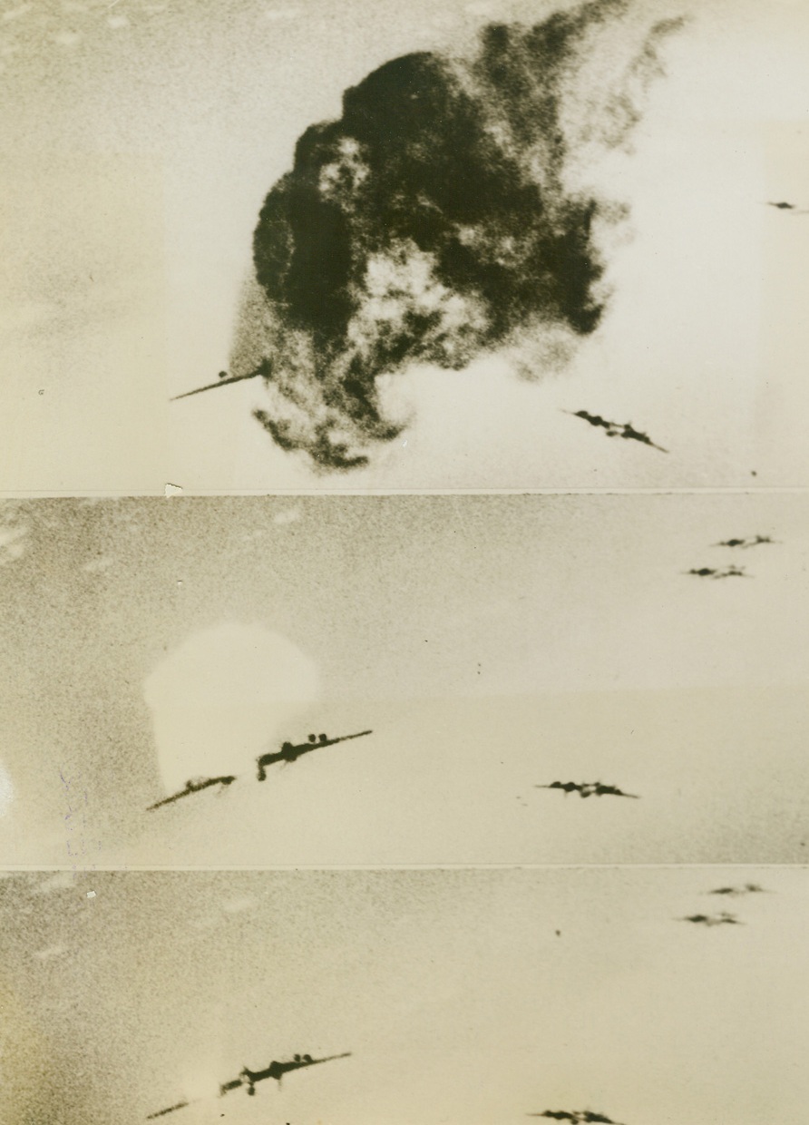 The End of a ME 110, 3/31/1944. OVER, EUROPE – This combination photo shows the end of a Nazi ME 110, which was picked from the skies by the Thunderbolt flown by Lt. Paul A. Conger of Piedmont, Calif., during a recent raid over Hitler’s Europe. At top, the enemy plane is hit and bright flame bursts from its wing. In center, smoke pours from the fatal strike, and at bottom the plane goes up in a swirl of black smoke. At least three enemy planes, beside the target ship, can be seen in each photo.Credit Line (ACME);