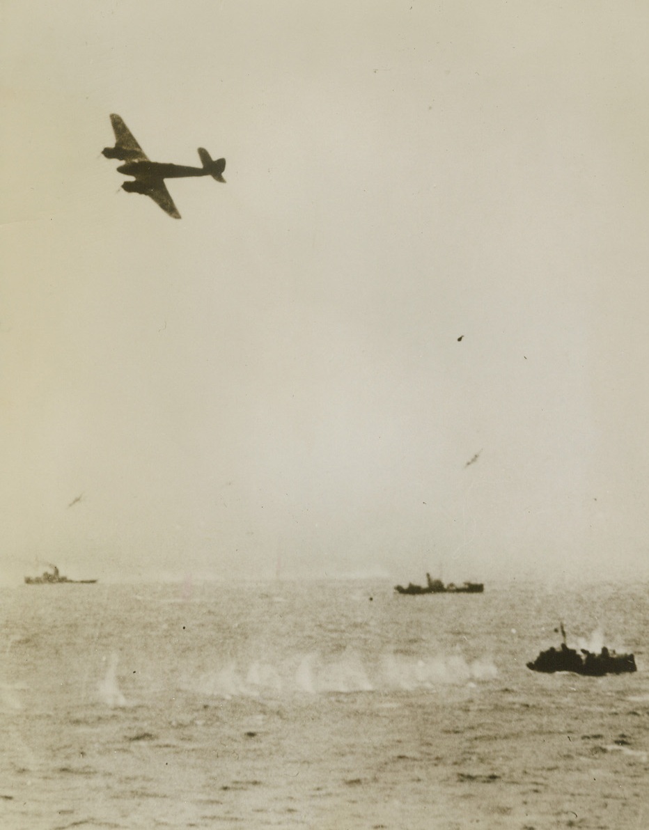 German Convoy Caught, 3/18/1944. OFF THE COAST OF HOLLAND – Sighted by British planes of the RAF Coastal Command, this convoy of merchantmen bringing supplies to the Axis suffered a heavy attack off the coast of Holland on March 1st. Wheeling back and forth over the group of merchant ships, the warbirds peppered their targets with cannon fire.Credit Line (British Official Photo from Acme);