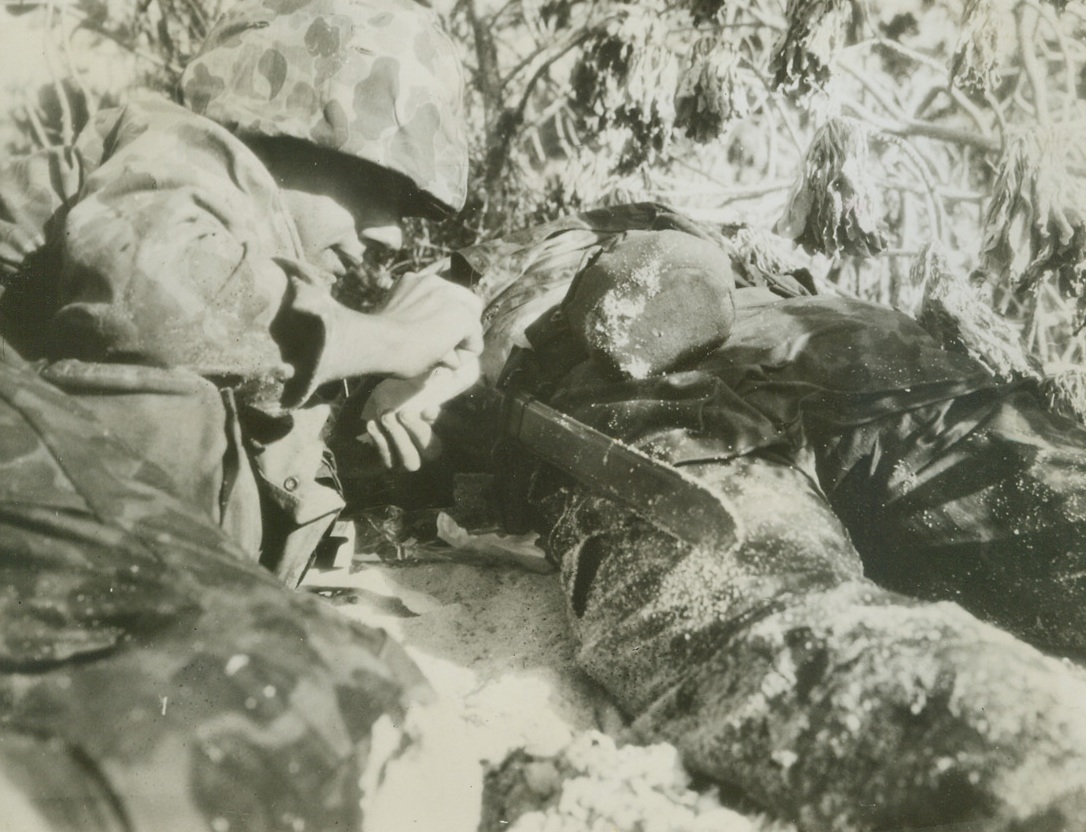 First Aid Under Fire, 4/7/1944. Eniwetok – Braving a hail of enemy bullets and acting as a fearless target for the Japs, Navy medical Corpsman LaVern L. Hamer (left) of Jordan, Minn., calmly goes about his mercy work on the battlefield at Eniwetok Atoll, in the Marshalls.  Keeping his head low, he pours sulfa drug onto the wounds of a fallen Marine, who was later removed to safety when other Leathernecks drove the Japs back. Credit line (U.S. Marine Corps photo from ACME);