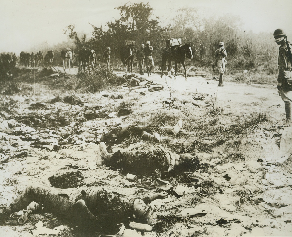 Where Death Caught Nips, 4/25/1944. Burma – A long supply line of American-trained Chinese forces of Lt. Gen. Joseph Stilwell, pass the bloated, rotting corpses of Jap soldiers caught and killed along this road in Burma.  The hot, humid climate has decomposed the bodies rapidly, (note the Chinese holding their noses against the odor of death). Credit line (U.S. Signal Corps photo from ACME);