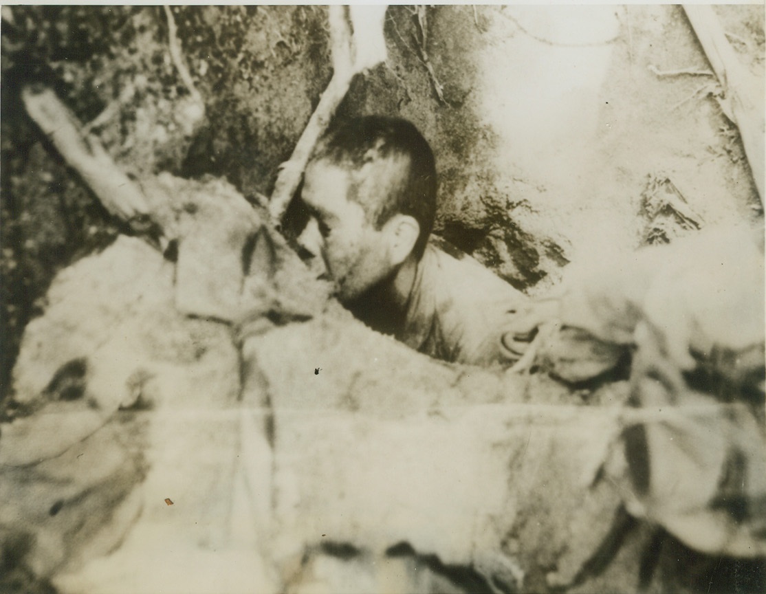 AN ENEMY IN OUR MIDST, 2/28/1944. Fear masks the face of this Jap sniper as he crouches in a foxhole to dodge the Yank bullets and grenades headed his way. The Nip hid himself in an American foxhole, and burrowed his way further in to escape detection. But our alert doughboys discovered him and a few minutes after this picture was taken, he died in a hail storm of lead. Credit: U.S. Treasury photo from ACME;