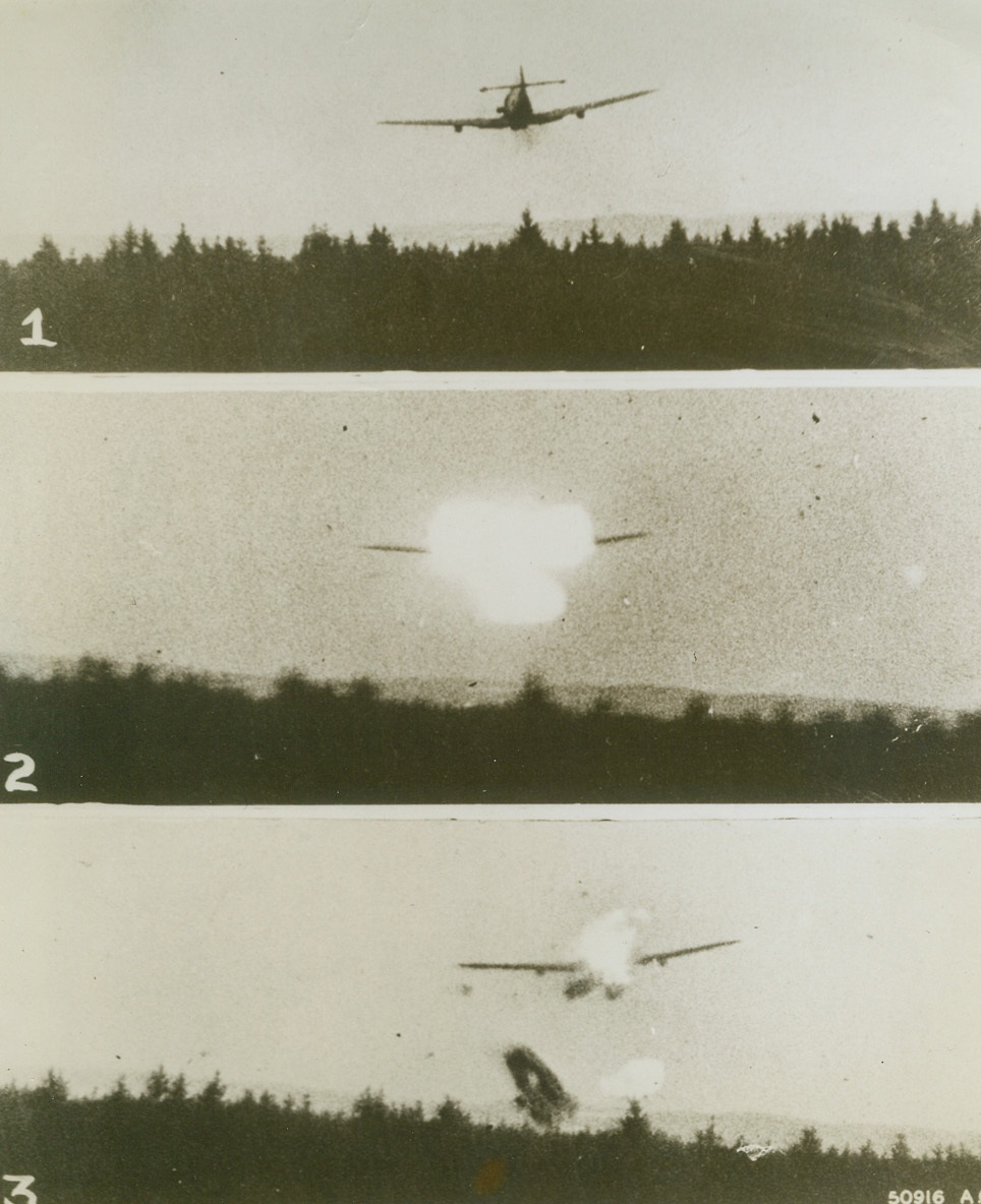FIERY FINISH FOR NAZI, 5/24/1944. In these remarkable photos taken by the automatic camera gun of the attacking American fighter of the Eighth Air Force, a German ME-109 pursuit plane is shown meeting a flaming end under the guns of the Yank. At the top, the enemy plane roars along at treetop level in an effort to escape. Center, the ship bursts into flame as American guns register, and, at bottom the fiercely burning plane starts to disintegrate before crashing to earth.Credit: U.S. Army photo from Acme;