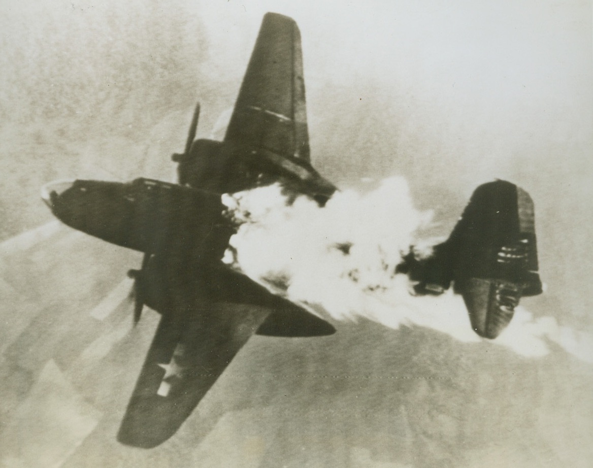 One for the Nazis, 5/17/1944. ENGLAND -- This A-20 Havoc of the Ninth Air Force was hit and burst into flames while on a mission over France recently. Picture was flashed to the U.S. by radiotelephoto.  Credit (U.S. Army Radio From ACME);