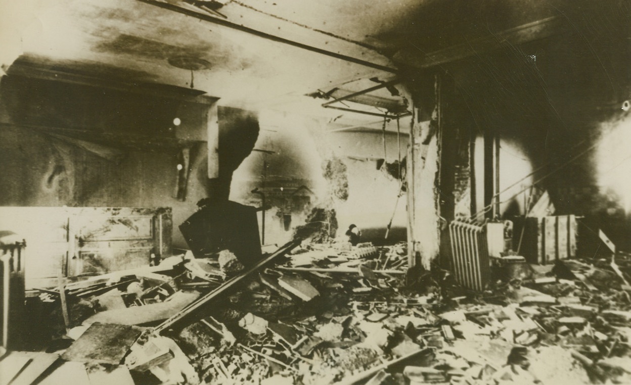 WORK OF FRENCH SABOTEURS, 5/18/1944. GRENOBLE, FRANCE—The handiwork of thorough French saboteurs, this German barracks at Grenoble is a shambles—its interior blown to bits by angry patriots after the Nazis refused to release hostages taken into custody after a previous act of sabotage. As a result of their effective resistance against the Germans, citizens of the town of Grenoble have been awarded the Croix de Guerre. Credit Line (ACME);