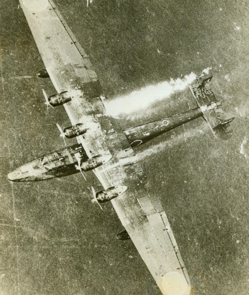 "Big Baby" Of Pacific Is Downed, 5/29/1944. Truk – With one fin and rudder shot away by US bullets and gas tank flaming, this Jap flying boat heads straightway for the water. The largest combat plane operating in the Pacific, it was finally tagged by a Navy PB4Y patrol bomber after a 19-minute hide-and-seek chase in the clouds near Truk. (Official US Navy Photo From ACME);