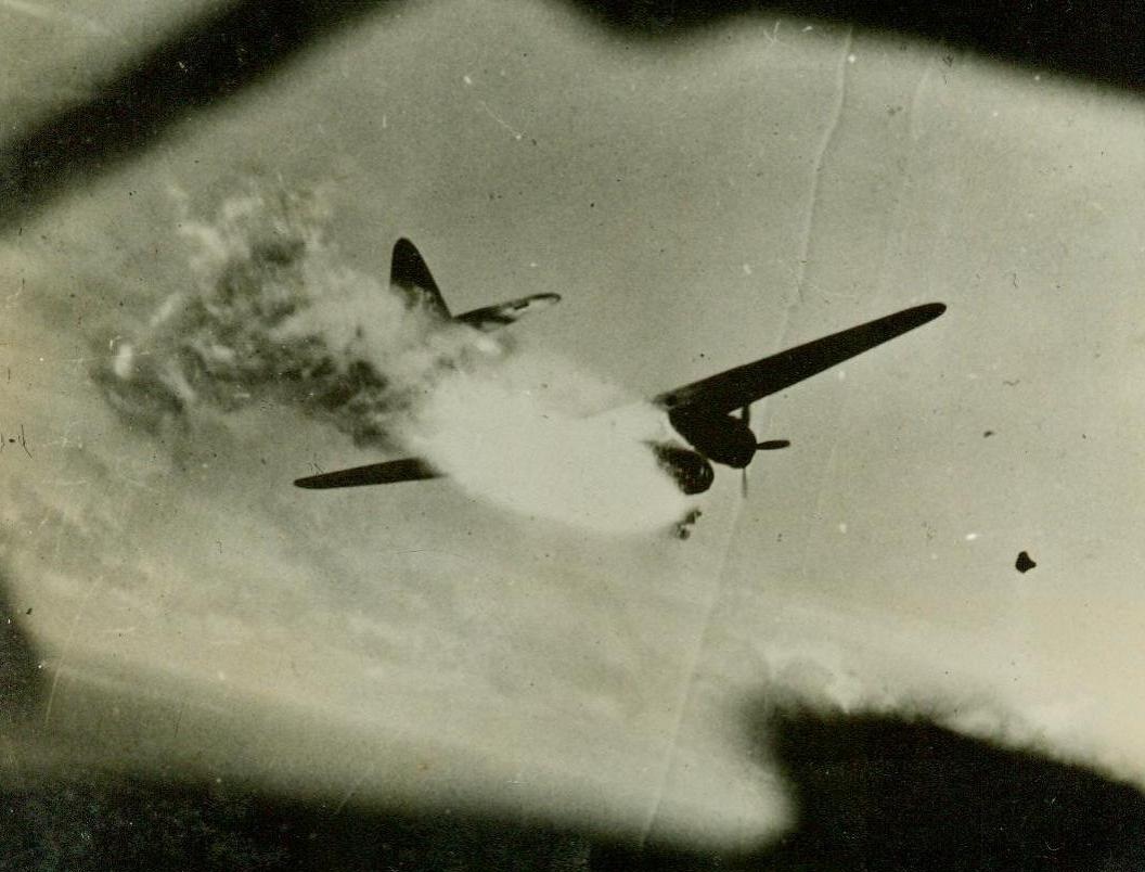 Death Dive For Jap Plane, 5/28/1944. Central Pacific – Flame streams backward from burning motors as this Jap bomber starts its death dive into the sea, the bomber was the victim of a surprise attack by a Nay Coronado Flying Boat of the Fleet Air Wing 5/28/44 (US Navy Photo From ACME);