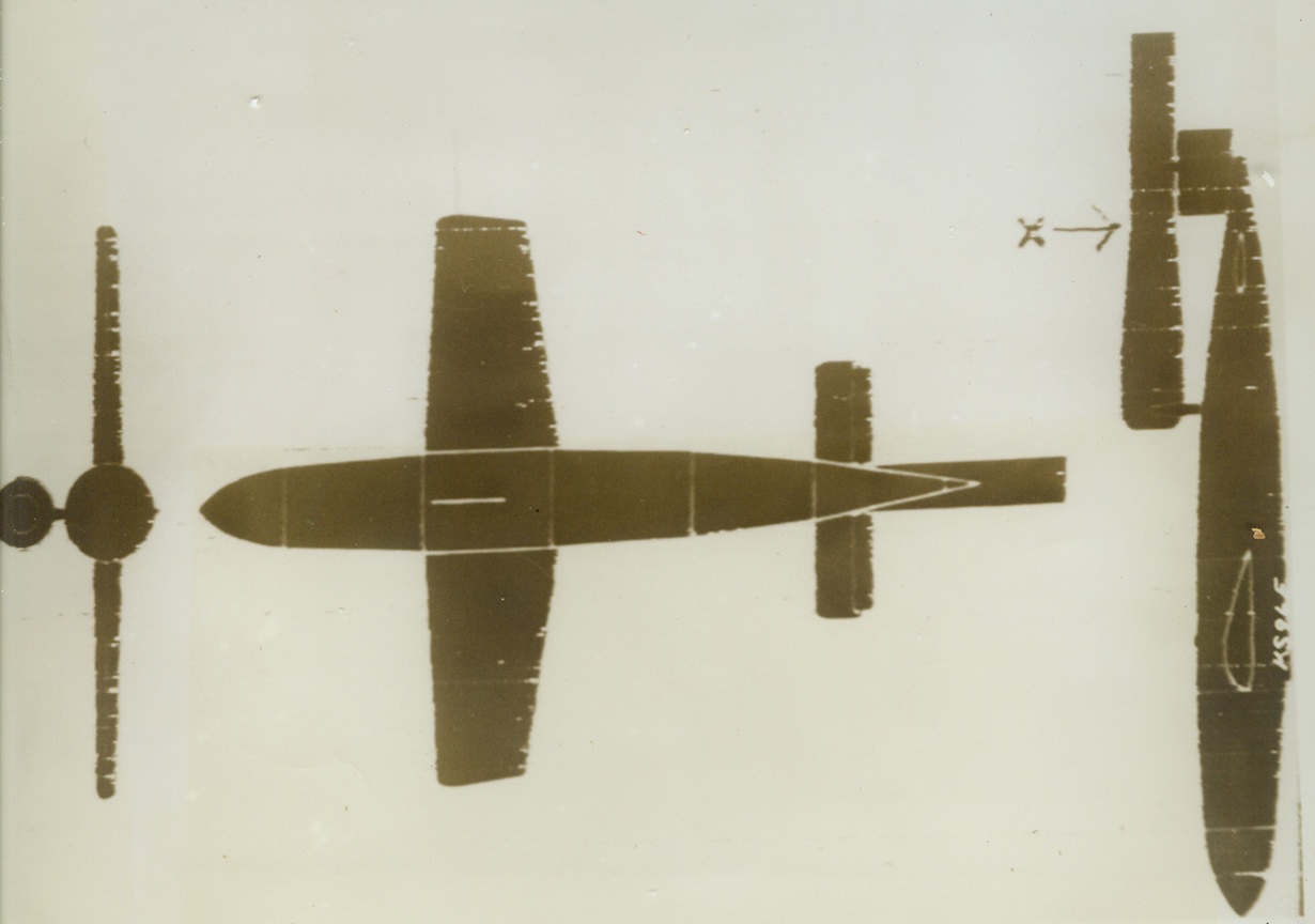 GERMAN PILOTLESS PLANE, 6/17/1944. This is a drawing of the German pilotless plane, which has a span of 16 feet and a length of 25 feet, 4 ½ inches. The section marked “X” in the third drawing is the propulsion unit. These aircraft have twice attacked southern England, with heavy death and destruction resulting. However, the second raid was much less intense than the first. Credit (British Official Photo Via Army Radiotelephoto from ACME);