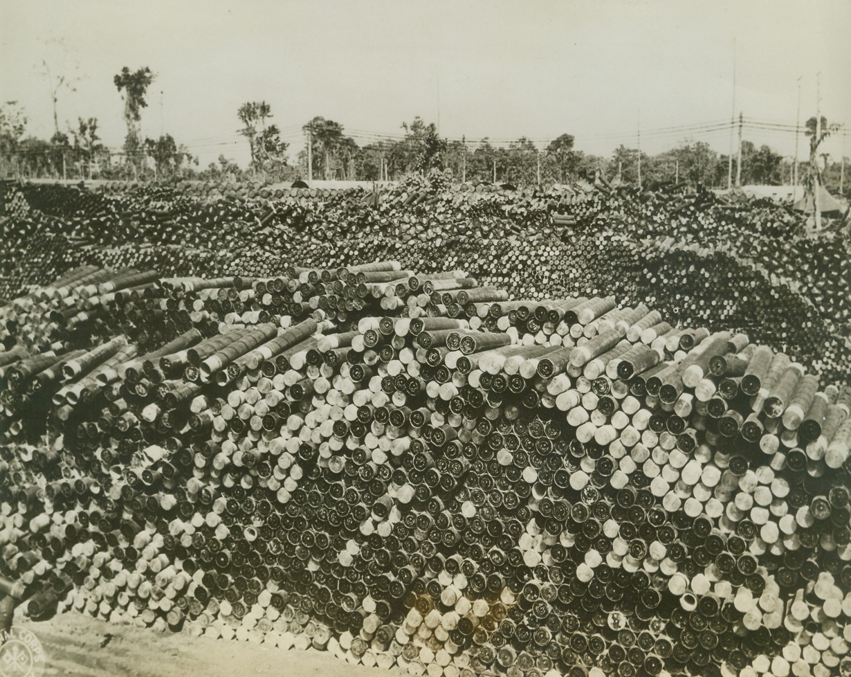 They’ve Delivered Their Sting, 6/16/1944. Bougainville, Solomons – This mass of empty artillery cases, reaped one upon the other, tells a mute tale of the ferocity of the allied attack on Bougainville.  Thousands of Japs were killed during March and April, 1944, when they stormed US Army positions and were thrown back by rifle, machine gun, and shell fire. Credit (Signal Corps photo from ACME);