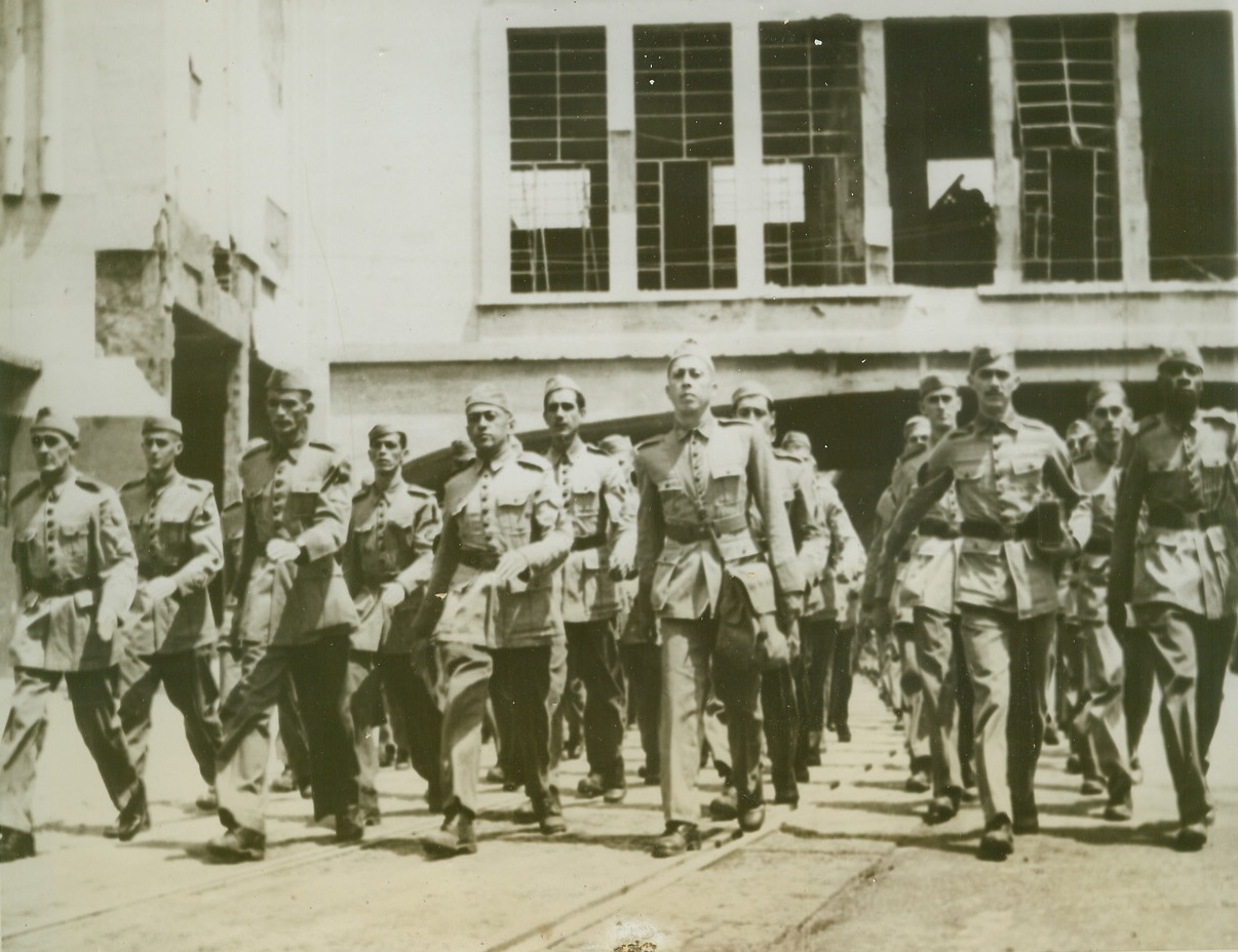 Brazilian Army in Italy, 7/26/1944. ITALY -- The first contingent of Brazilian troops march in Naples, Italy, after their arrival. They are on their way to the staging area before entering actual combat. Troops reached Naples July 16th. Credit (ACME);