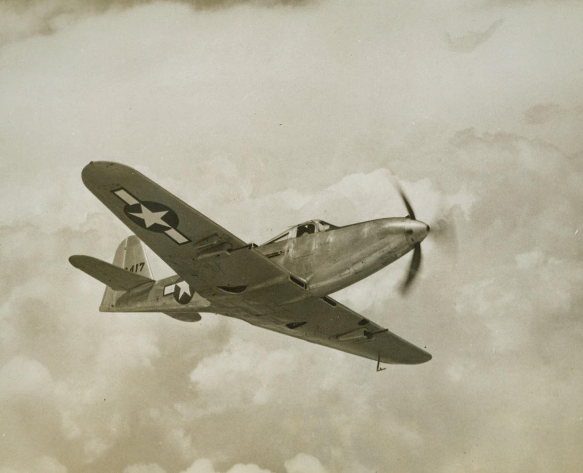 King Cobra of the Sky, 8/3/1944. Buffalo, New York -- Most recently announced addition to Allied air might is the P-63 King Cobra, manufactured by Bell Aircraft Corporation at Buffalo, New York. With a speed considerably in excess of that of its predecessor, the P-39 Airacobra, the sleek new plane pictured above has an official combat radius that is expected to permit it to range far over Axis territory. Mounting a hard-hitting 37mm. cannon and two .50 caliber machine guns in the nose as well as two additional .50 caliber machine guns in the wings, the P-63 is powered with a 1500 horsepower engine to give it increased speed and efficiency at high altitude. Credit: ACME;