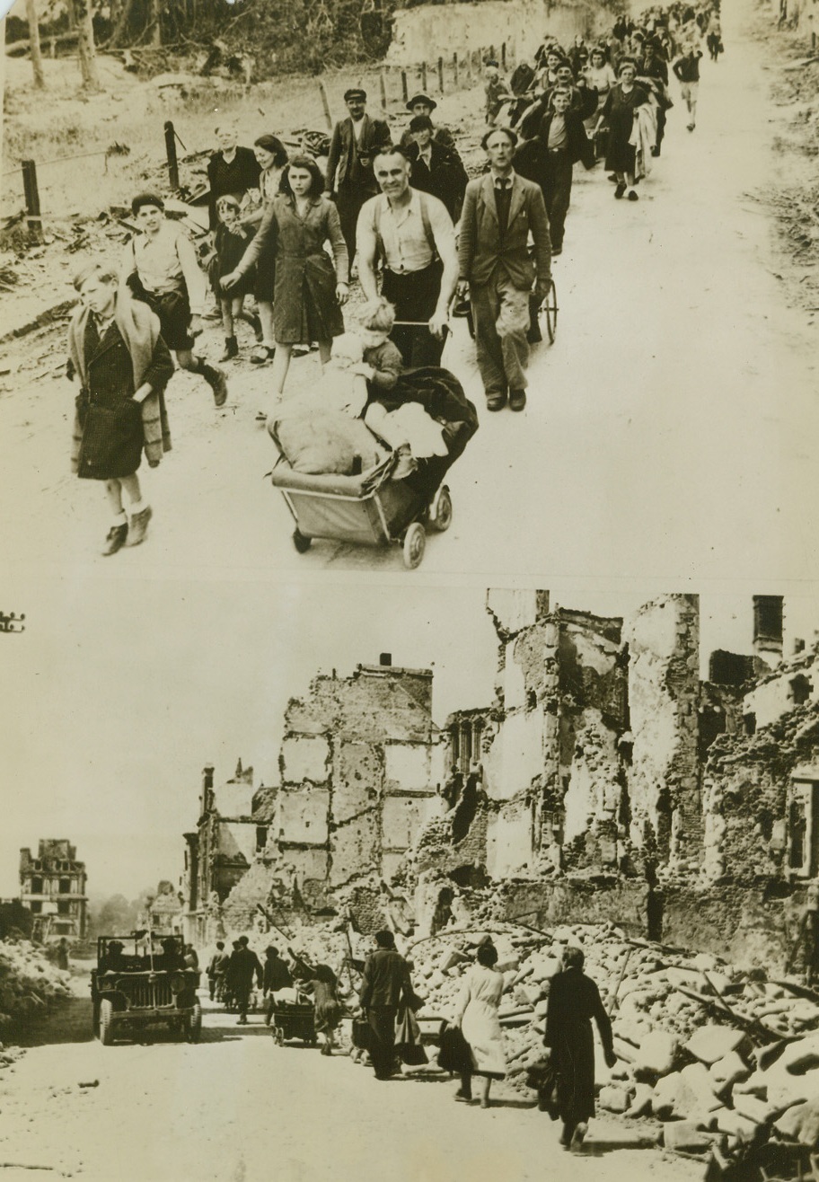 THE HAPPY ROAD HOME, 8/23/1944. FALAISE, FRANCE - - Although they know that their homes will probably be in ruins, these residents of Falaise are nevertheless happy to return to the liberated town.  At top, the line of returning refugees stretches as far as the eye can see.  At bottom, the innocent victims trudge past bomb-torn buildings.Credit: Acme;