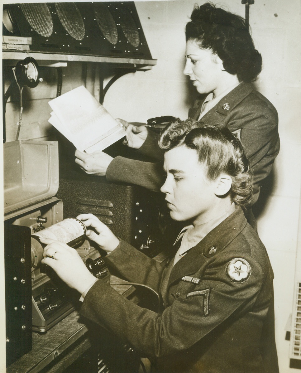 WACS Operate Radiotelephoto Machine, 9/6/1944. England – Pfc. Vondel Judkins, San Salva, Texas, and Cpl. Anita Katen, New York City, operate a Signal Corps Radio-telephoto Transmitter station somewhere in England, sending news pictures rapidly to the States from the European theater. Editors – Please note that the Radio-Telephoto machine was constructed by the technical staff of ACME Telephoto Credit (Signal Corps Photo from ACME);
