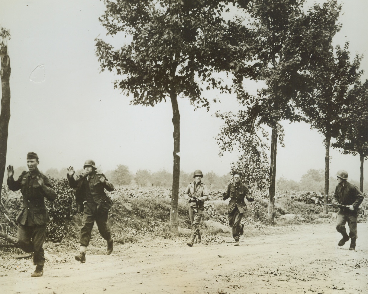 The Hun on the Run, 9/21/1944. HOLLAND -- Frightened and confused, German prisoners, rounded up by Yanks after a battle near Maarland, Holland, are double-timed to headquarters by their captors. Credit (Signal Corps Photo from ACME);