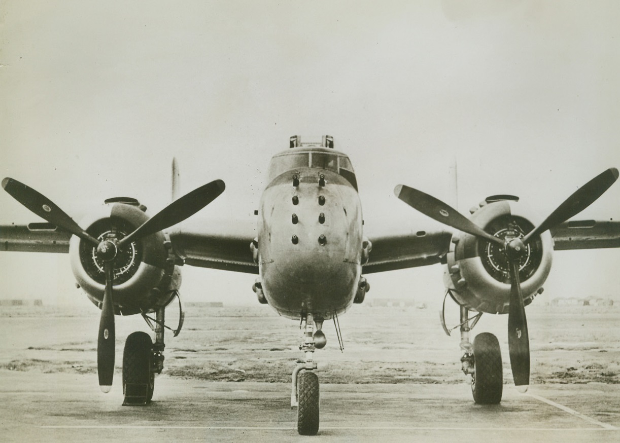 Flying Gun Nest, 9/9/1944. Inglewood, California – The nose of this new North American B-52 Medium Bomber bristles with eight .50 caliber machine guns, ready to splatter death on all enemies who cross their path. Besides these, six other guns are distributed in various parts of the plane, which make the B-52 the world’s most heavily-armed plane. Credit: ACME;