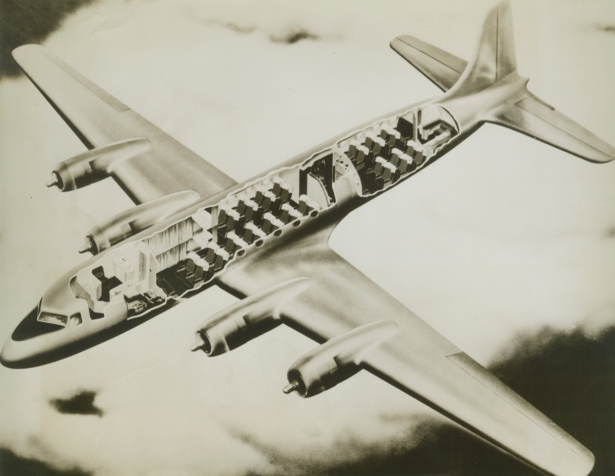 Postwar Super-Liner, 9/12/1944. This is an artist’s conception of the Douglas DC-6, showing seating arrangements for fifty passengers. Douglas signed contracts with three major airlines – American, Pan American-Grace, and United – for postwar production of these planes which are called “the fastest transports available either in this country or abroad for the immediate postwar period.” It is estimated that the ship will fly from coast to coast in eight and one-half hours. Credit: ACME;