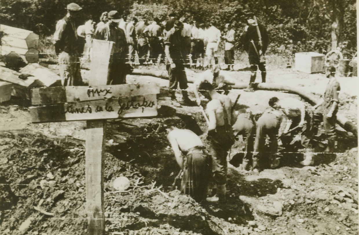 PRISONERS DIG FOR GESTAPO VICTIMS, 9/4/1944. GRENOBLE, FRANCE – German prisoners dig in old bomb craters, hunting for the bodies of 72 Frenchmen who were killed by the Gestapo in Grenoble during the city’s occupation.  A crude cross inscribed “to the victims of the Gestapo” marks the grave of the murdered.Credit: Signal Corps Radio Telephoto – Acme;