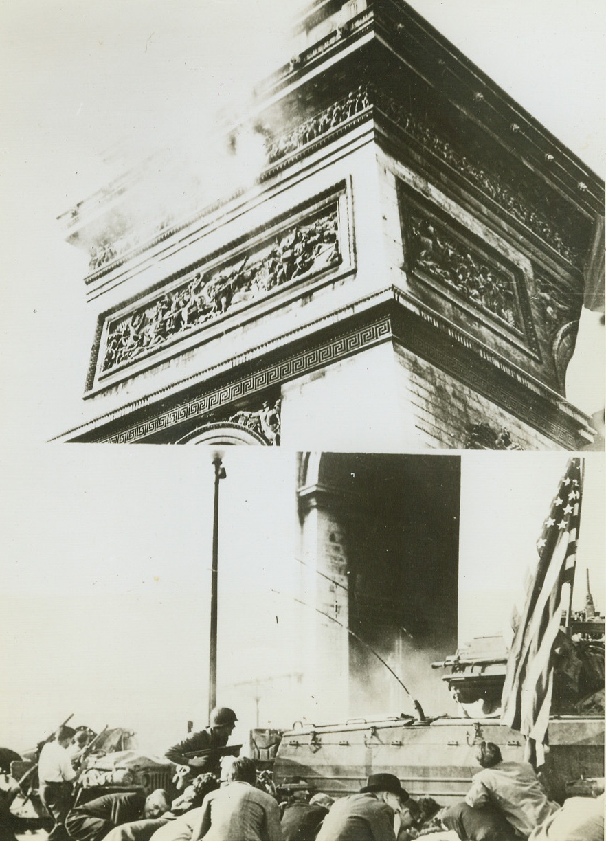 NO TRIUMPH FOR THESE SNIPERS, 9/1/1944. PARIS—In the upper photo smoke clouds the top of the Arc de Triomphe in Paris, as German snipers opened fire on crowds assembled below for the parade of liberation. American soldiers (lower photo) below the Arch took shelter behind their vehicles, opened fire on the snipers until all were liquidated. Credit (ACME) (WP);