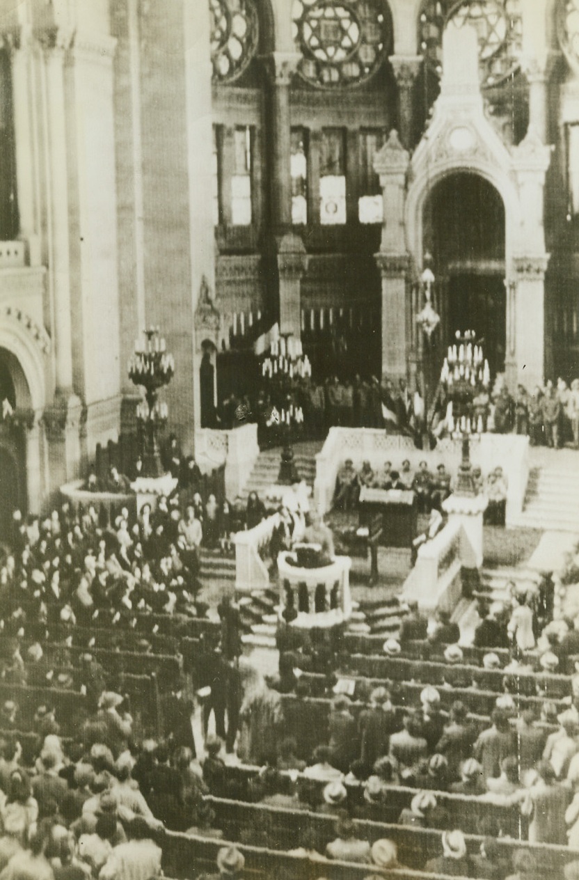 Jewish Services in Paris Again, 9/13/1944. France -- French Jews pack a synagogue in Paris to worship at the first openly conducted Hebrew services in the liberated French capital since the Nazis closed the synagogue four and one-half years ago. Credit: Army photo from ACME;